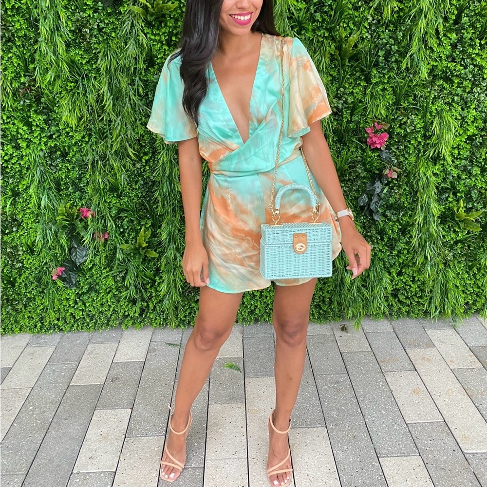 Tie-Dye Mini Wrap Romper in Aqua & Peach